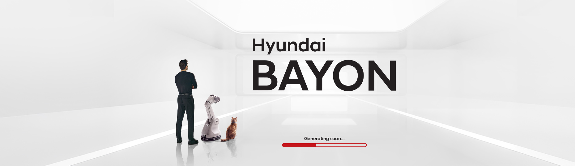 Hyundai BAYON intelligent SUV launch teaser showcasing a futuristic white digital space with a human figure, robotic arm, and cat observing the BAYON name reveal, highlighting Hyundai's vision for innovation and intelligent mobility in India