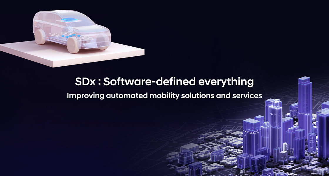 왼쪽에는 차량 모델의 모습이, 오른쪽에는 미래적인 도시 경관의 모습이 담긴 배경 위에 “SDx : Software-defined everything; Improving automated mobility solutions and services”라는 문구가 쓰여 있습니다.
