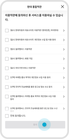 현대 통합약관 동의하기 예시 화면