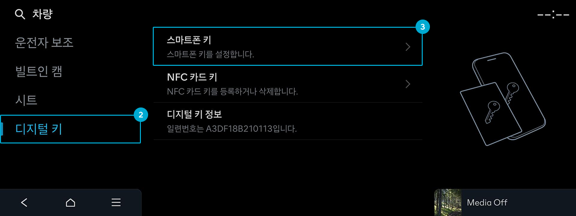 차량 내비게이션 화면에서 차량 > 디지털 키 > 스마트폰 키 메뉴 진입 예시 화면