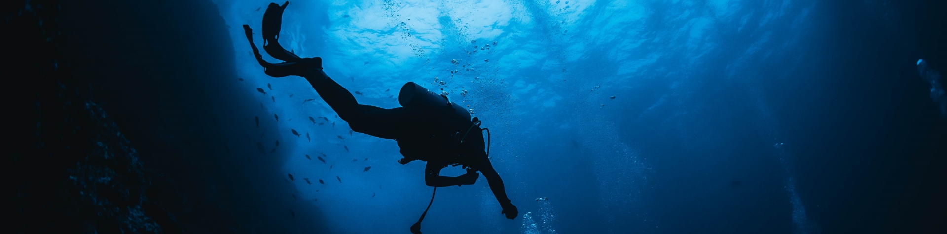 David de Rothschild swimming in the deep blue ocean, photographed from underwater.