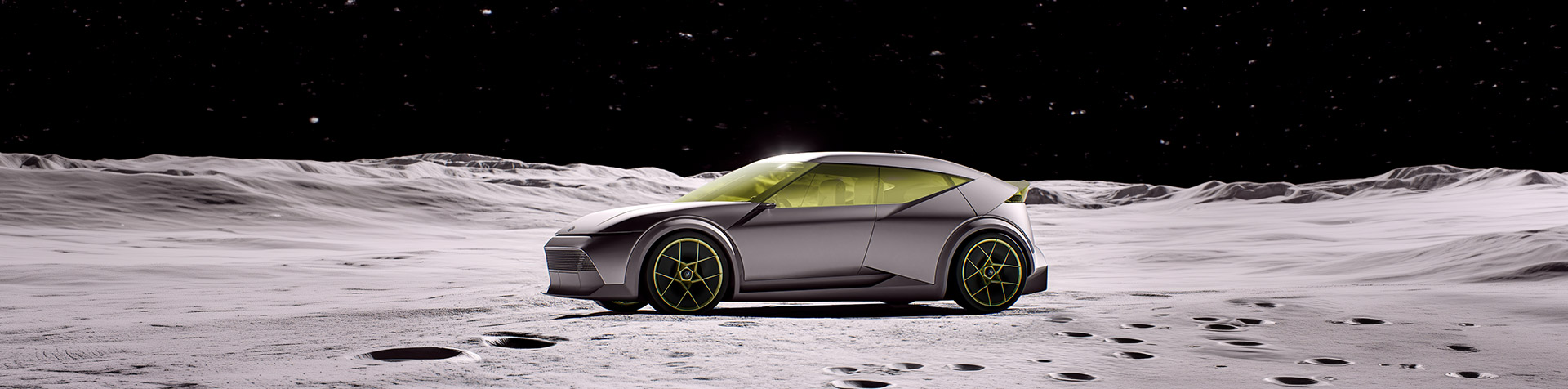 Hyundai's Concept THREE in profile against a lunar landscape backdrop