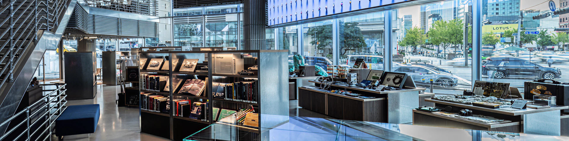 The Hyundai Motorstudio Seoul seen from the ground floor, featuring numerous exhibits and rare publications