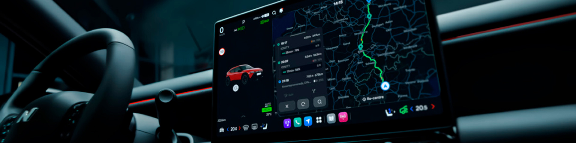 The infotainment system integrates navigation and vehicle information to provide relevant driving information through an intuitive interface.