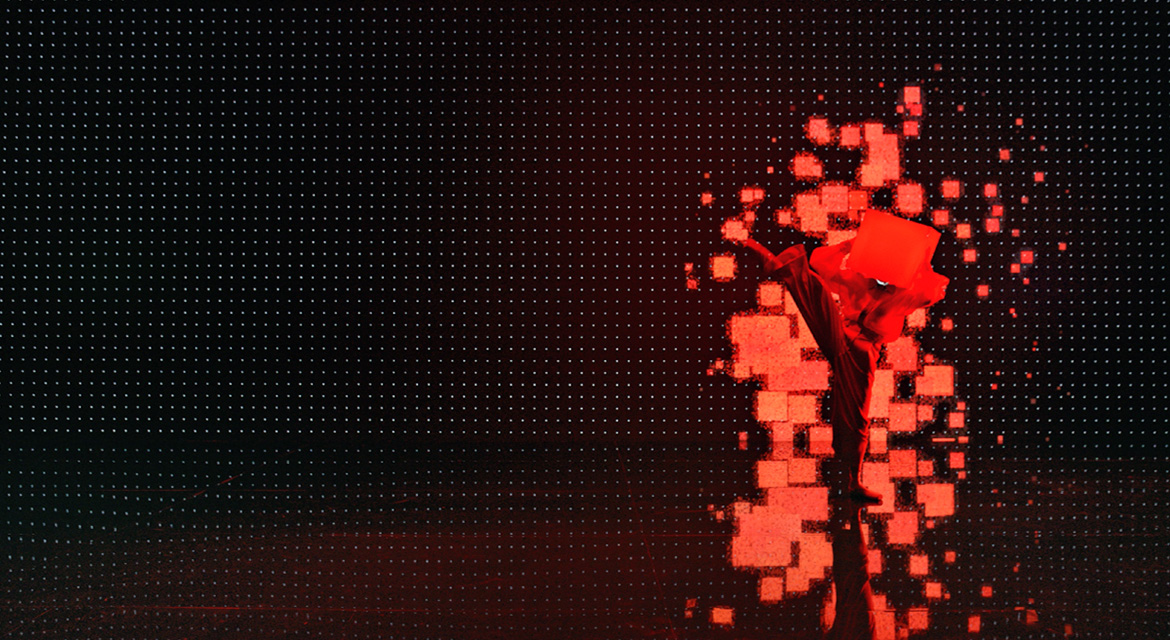 Three RGB Pixel dancers harmonize in choreographed performance in Pixel by Pixel design film
