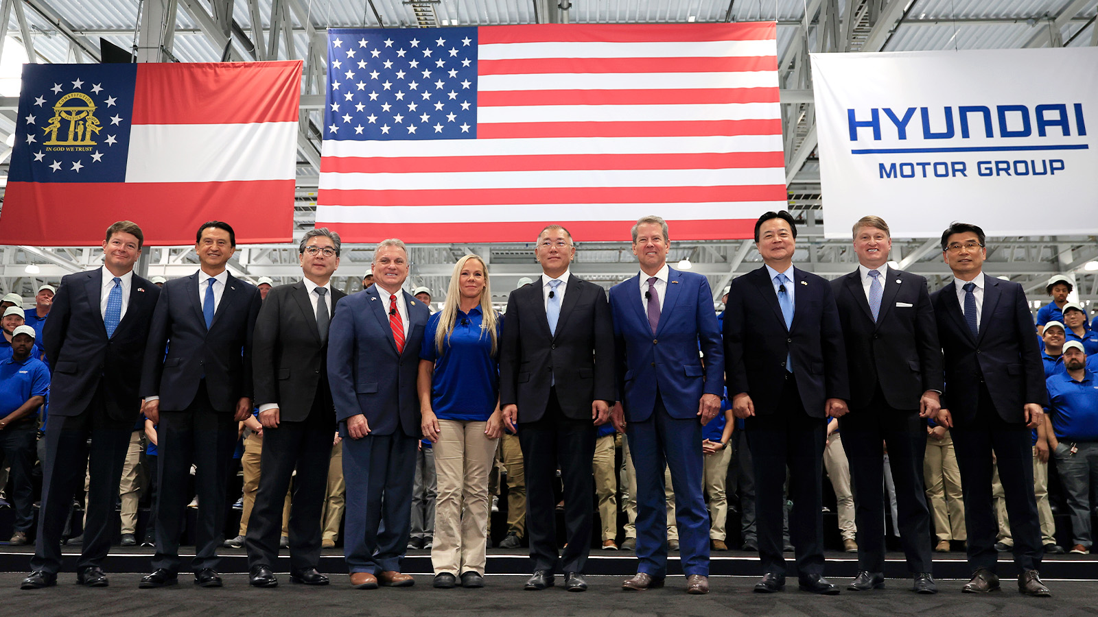 (From left) Trip Tollison, President and CEO of the Savannah Economic Development Authority; José Muñoz, President and CEO of Hyundai Motor Company; Buddy Carter, U.S. Representative; Charlene Toole, Meta Pro at HMGMA; Euisun Chung, Executive Chair of Hyundai Motor Group; Brian Kemp, Governor of Georgia; Hyundong Cho, South Korean Ambassador to U.S.; Pat Wilson, Commissioner of the Georgia Department of Economic Department; Ho Sung Song, President and CEO of Kia Corporation