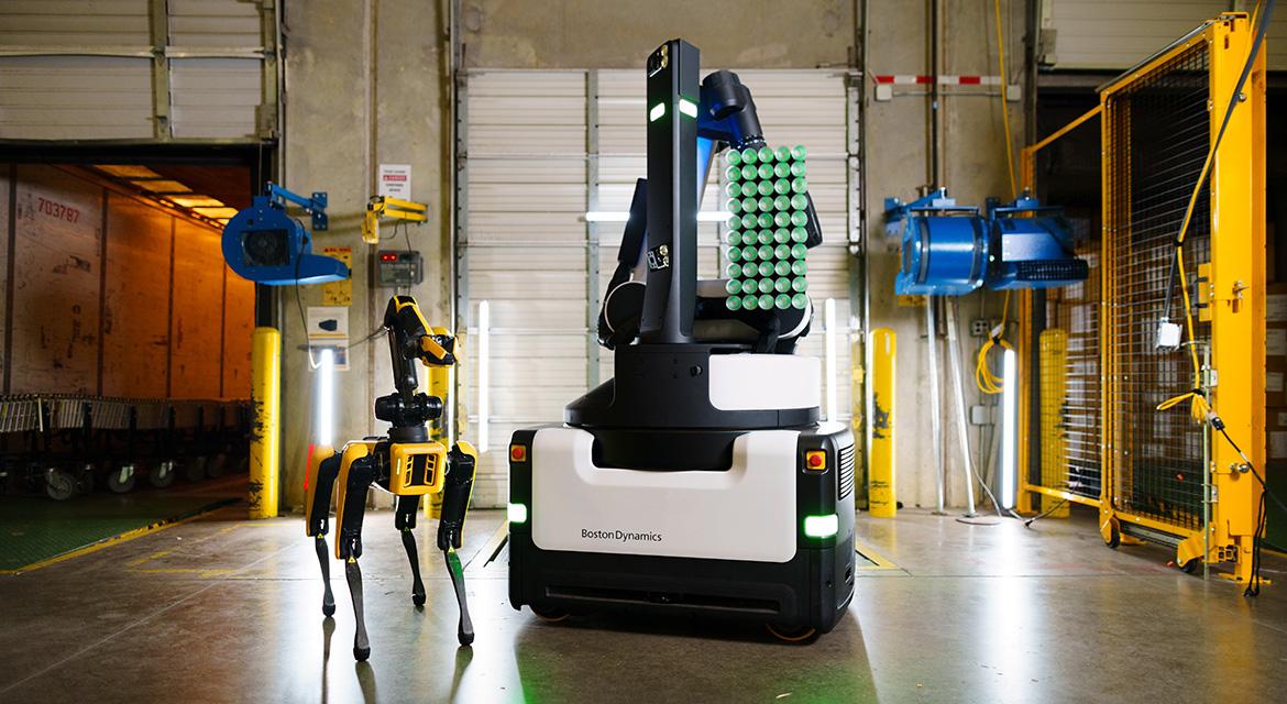 Spot, quadruped (four-legged) robot capable of mobility on a variety of terrains, and a mobile warehouse Stretch