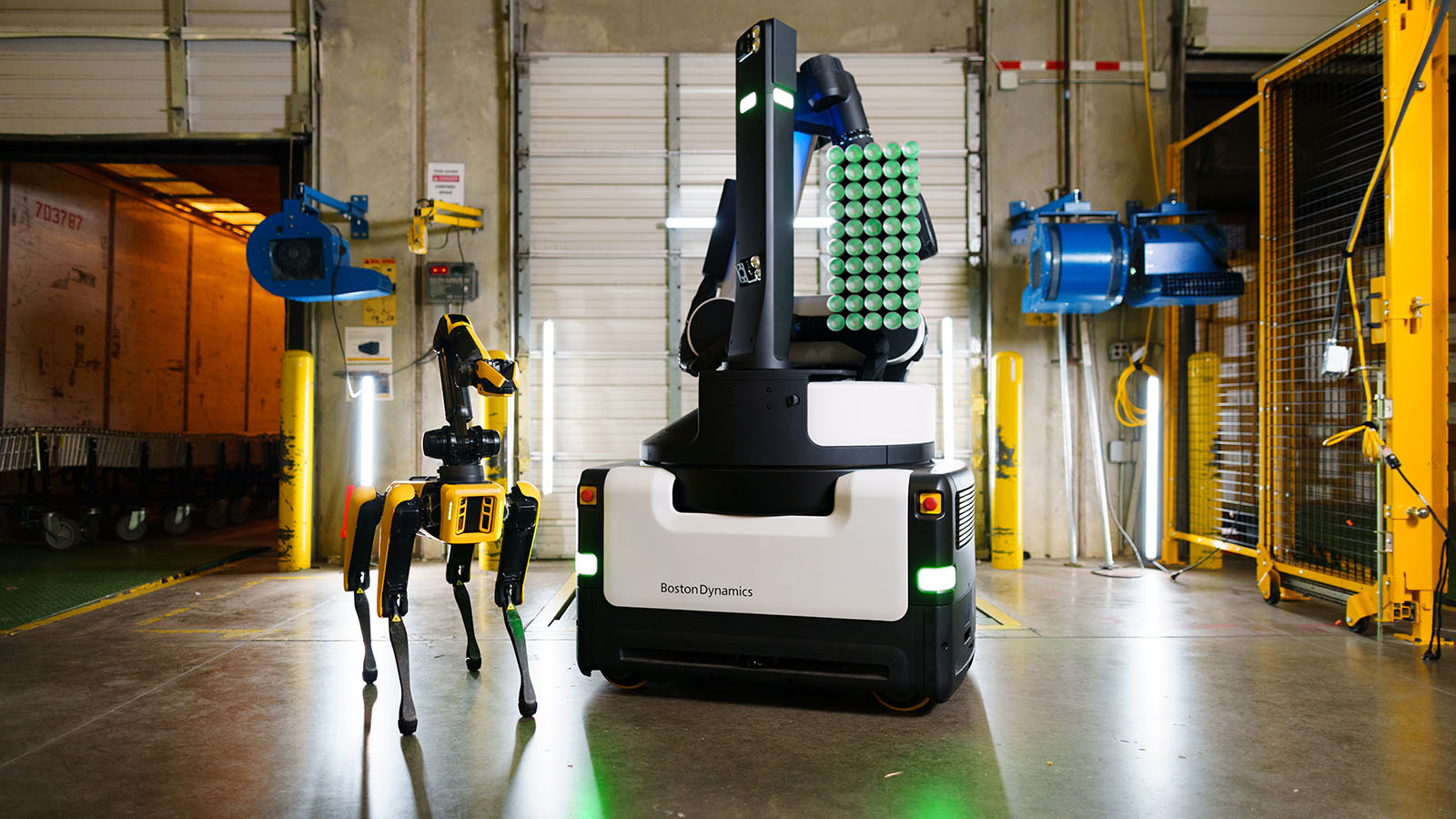 Spot, quadruped (four-legged) robot capable of mobility on a variety of terrains, and a mobile warehouse Stretch