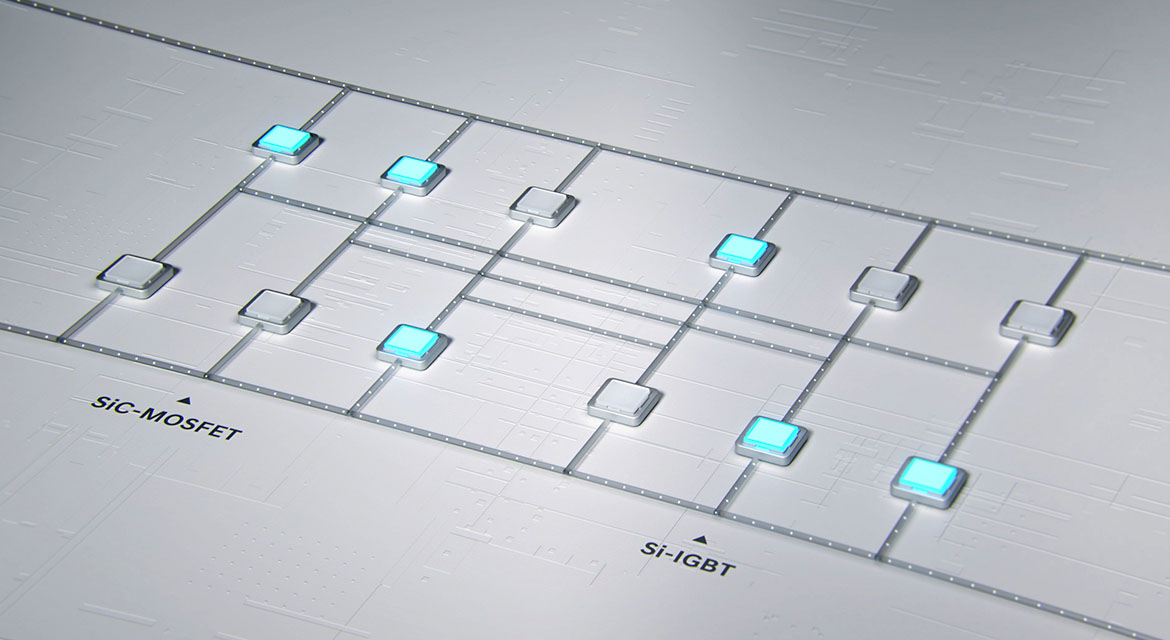The 2-Stage Motor System features a dual inverter structure equipped with 12 semiconductor switches in a “6 plus 6” configuration, doubling the conventional count.