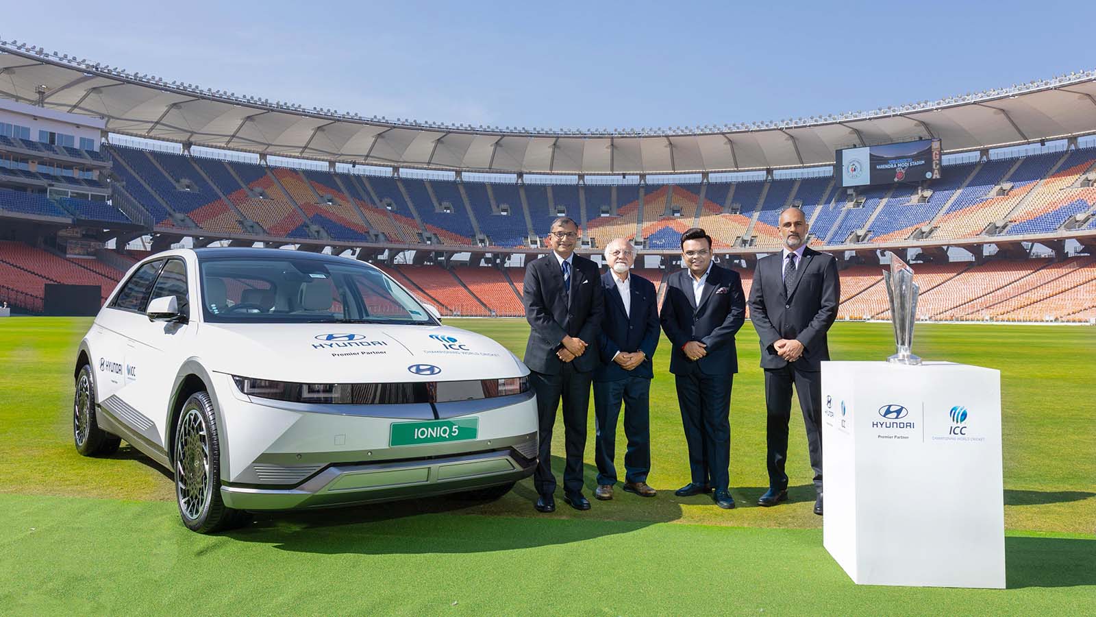 (From left to right) Mr. Tarun Garg, Managing Director & CEO designate, HMIL, Mr. Imran Khwaja, Deputy Chairman, ICC, Mr Jay Shah, Chairman, ICC and  Mr. Sanjog Gupta, CEO, ICC - at the signing ceremony of Hyundai and ICC multi-year global partnership