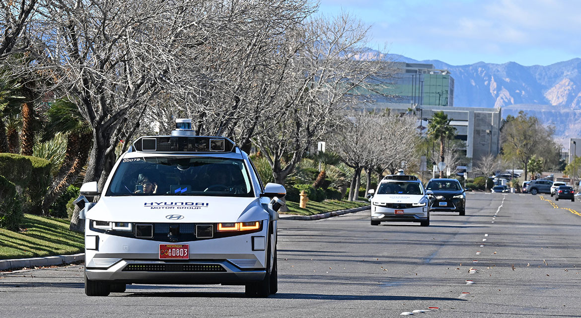 Hyundai IONIQ5 Motional robotaxi driving down Las Vegas strip