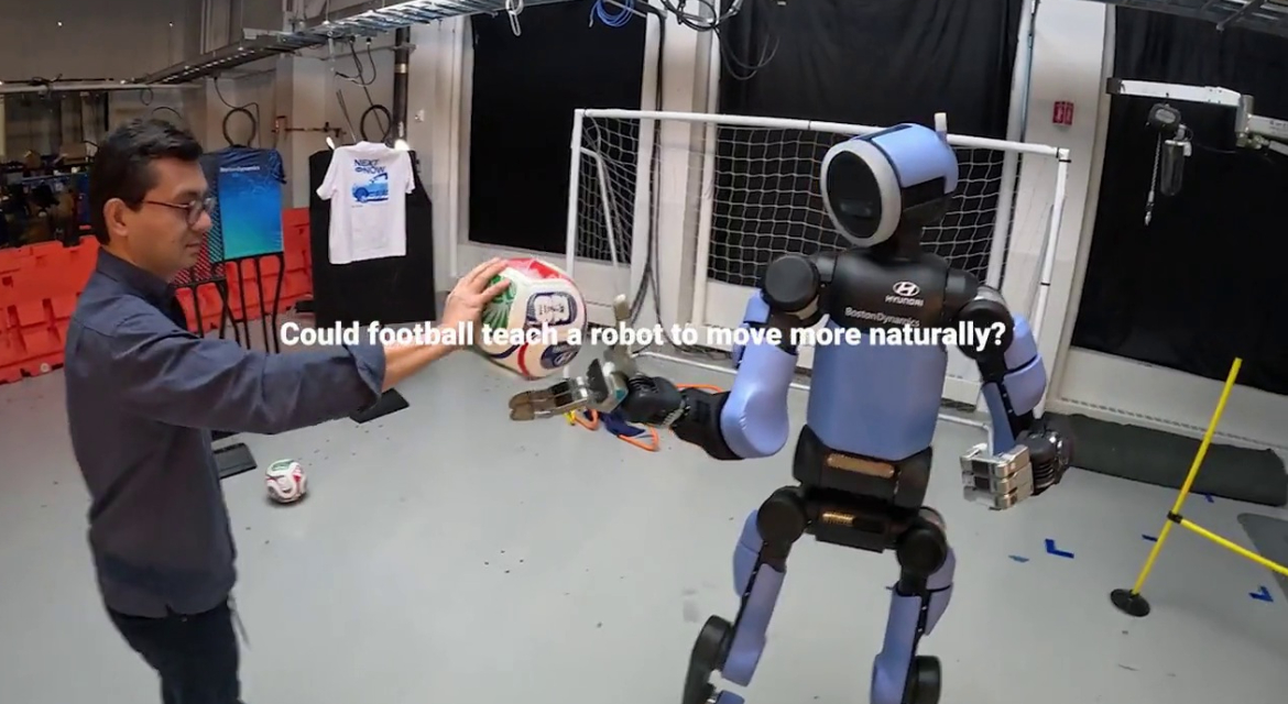 Description: In a new video from Hyundai Motor, Boston Dynamics humanoid robot Atlas flawlessly executes a series of complex football (soccer) drills.