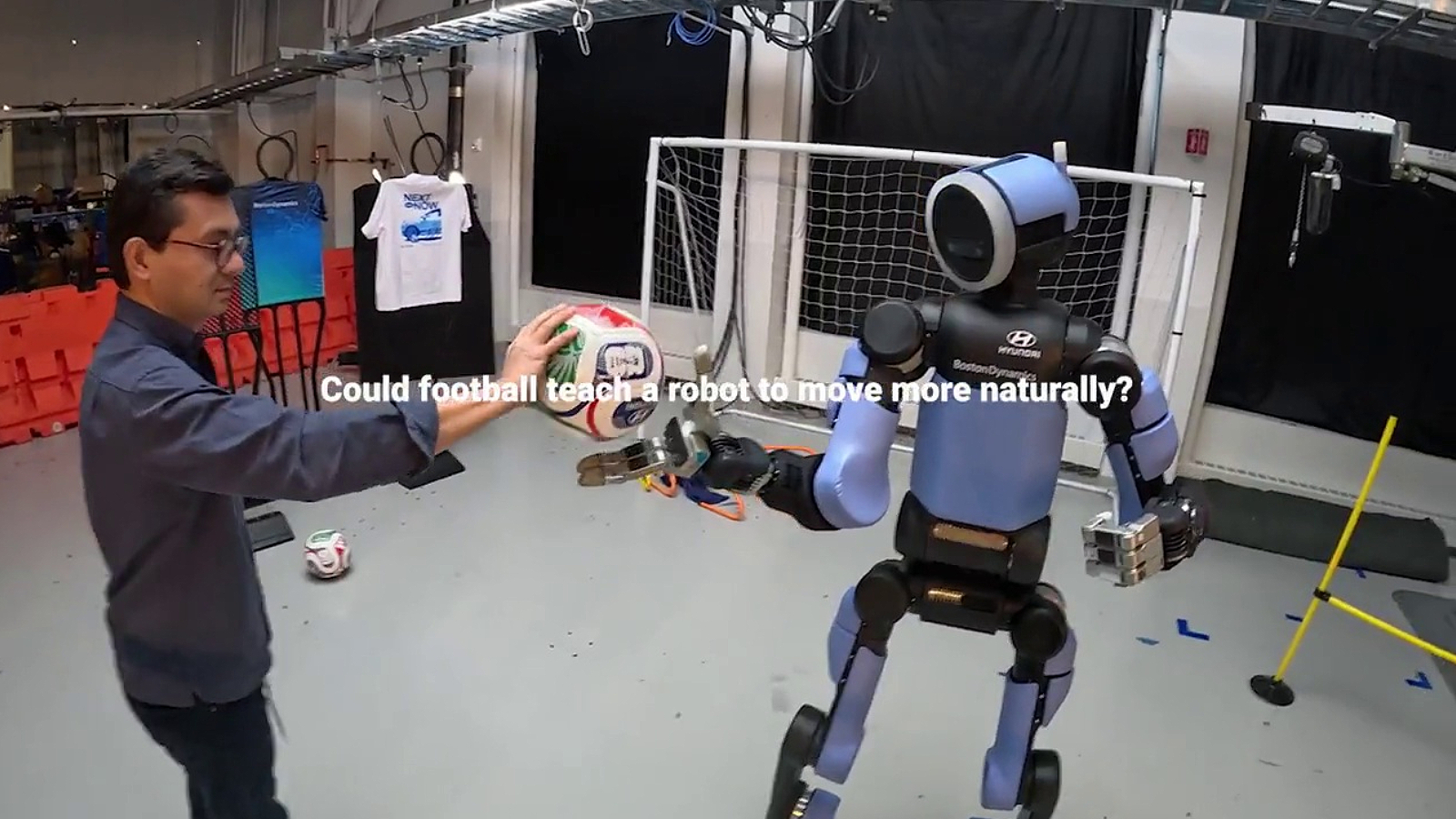 Description: In a new video from Hyundai Motor, Boston Dynamics humanoid robot Atlas flawlessly executes a series of complex football (soccer) drills.