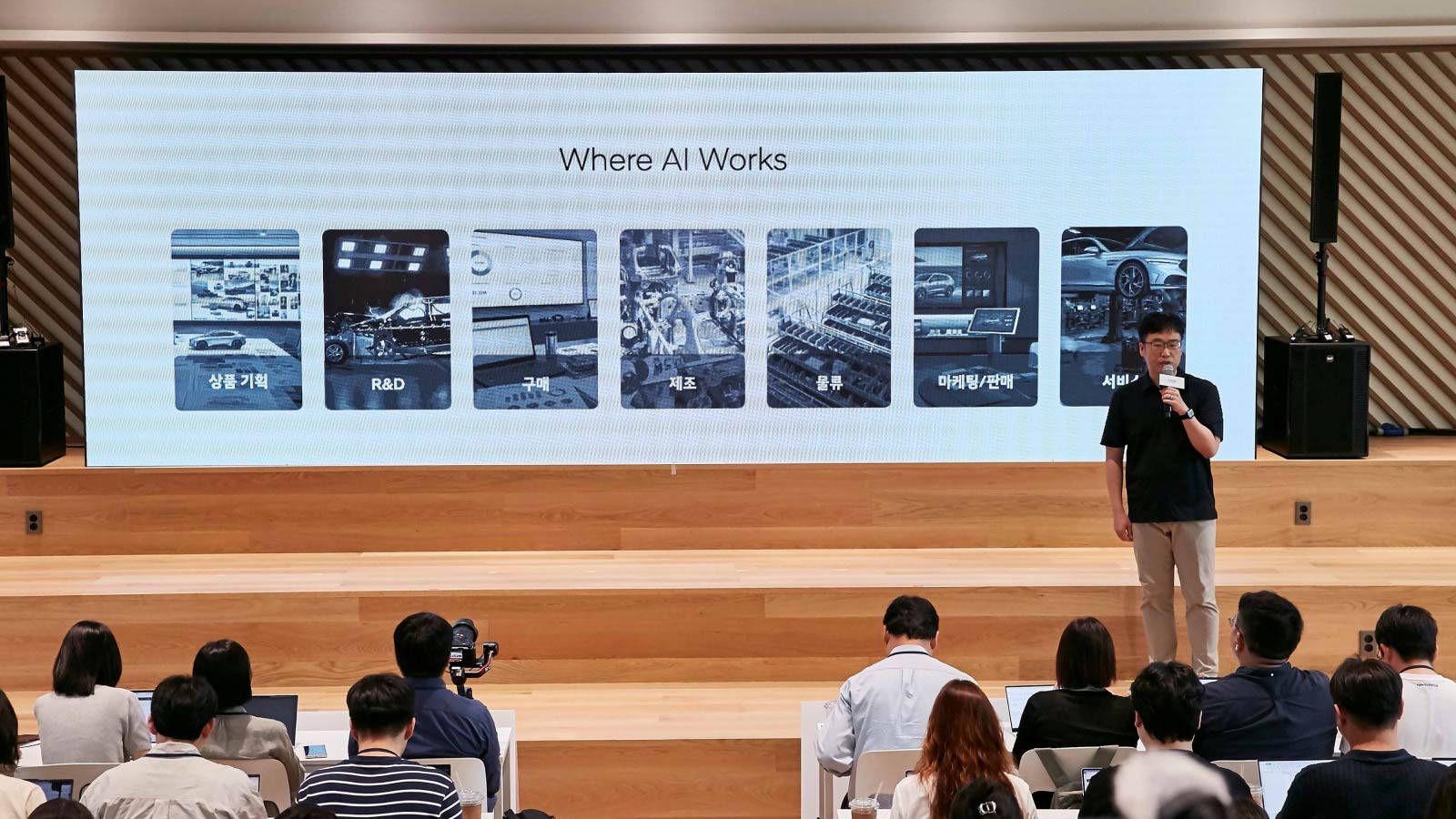 Hwachang Sung, Team Leader of the AX PMO Team, delivers a presentation at the Hyundai Motor Group AX Achievement Showcase on August 12.