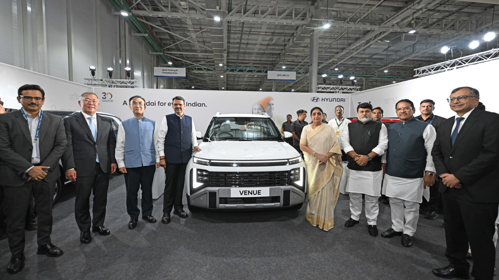 Hyundai Motor India Limited's Pune plant was inaugurated on October 14, 2026. Euisun Chung, Executive Chair, Hyundai Motor Group (2nd from L);  Shri. Devendra Fadnavis, Hon’ble Chief Minister of Maharashtra (4th from L) and other guests pose for a group photo.